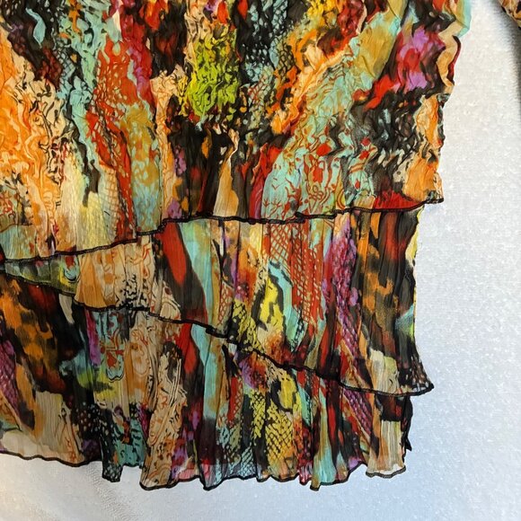 Y2K Alberto Makali Y2K Multi-color Tiered Lace Layered V-neck Crinkle Blouse L - Picture 2 of 7